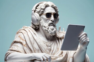 Modern interpretation of a classical statue using technology in a contemporary setting with headphones and sunglasses