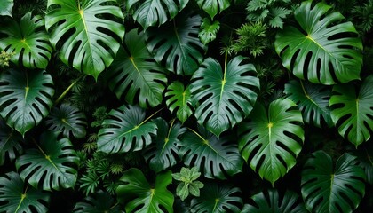 Naklejka premium Lush green monstera leaves arranged in a natural pattern 