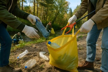 Community Cleanup Effort Removing Plastic Waste from Riverbank