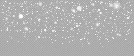 Snow and snowflakes on transparent background. Winter snowfall effect of falling white snow flakes and shining, New Year snowstorm or blizzard realistic backdrop. Christmas or Xmas holidays.