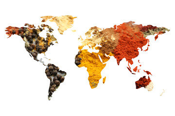 World map made of different aromatic spices on white background © New Africa