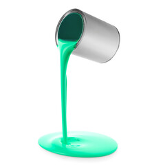 Turquoise paint pouring out of can on white background