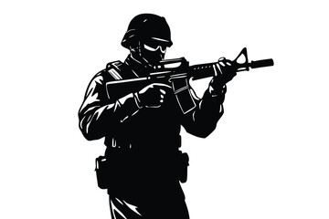 Silhouette of Armed Soldier in Helmet Aiming Rifle on White Background Illustration
