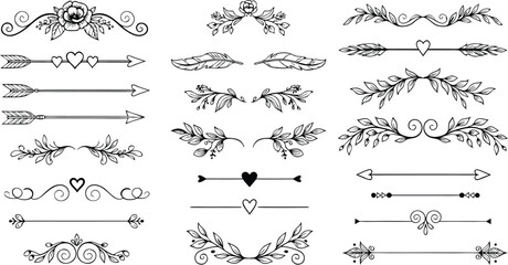 Fototapeta premium Elegant collection of hand drawn vintage design elements including floral borders arrows and hearts