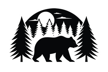 Obraz premium Silhouette of Bear Walking Through Trees Against a Full Moon in the Night Sky