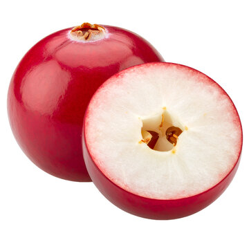 Vibrant cranberry close-up showcases its shiny surface and cross-section on the transparent background