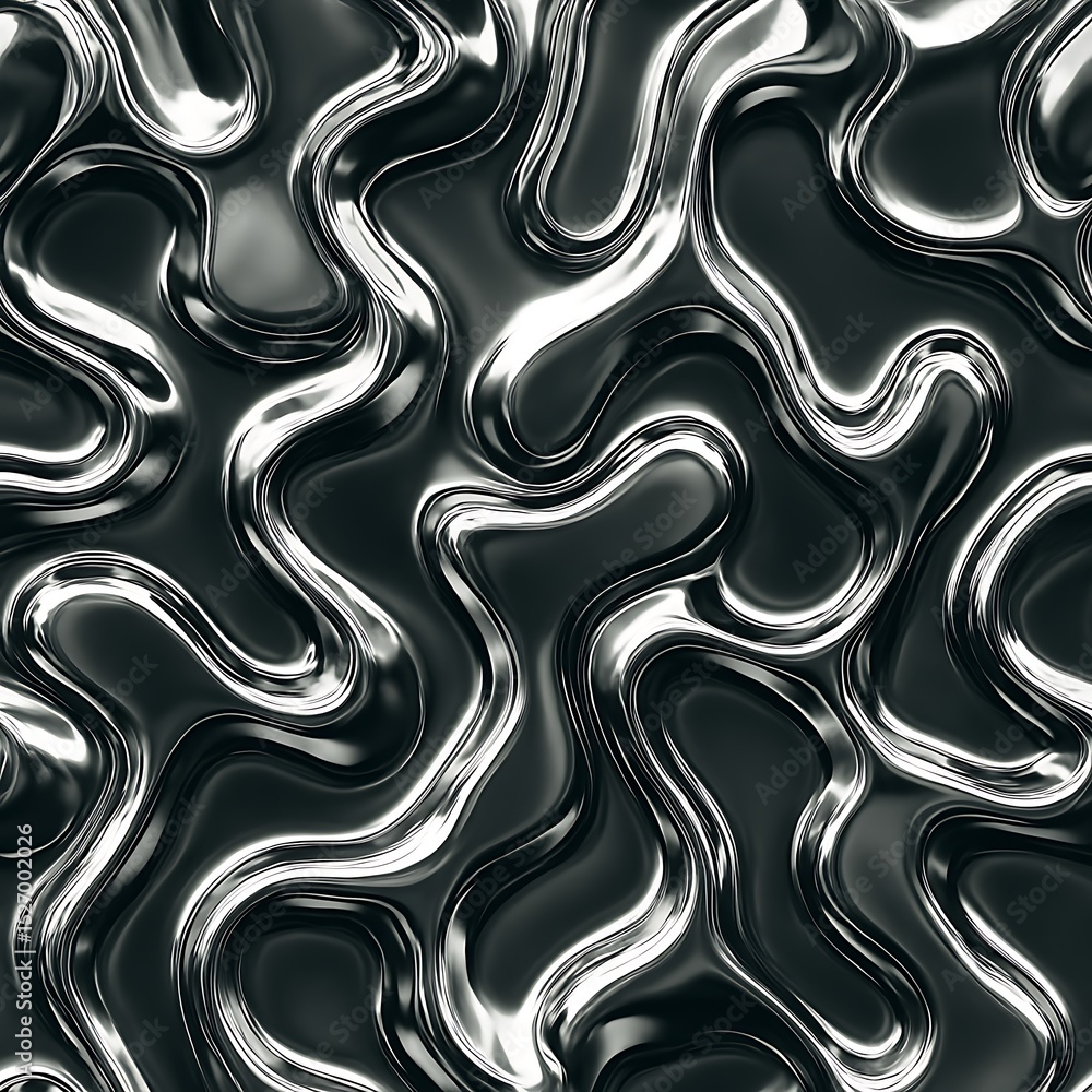 Poster this abstract seamless pattern features a black and white fluid design with a metallic wave texture,
