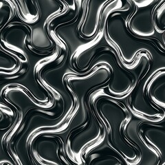 Fototapeta premium This abstract seamless pattern features a black and white fluid design with a metallic wave texture, perfect for wallpaper or a sleek geometric backdrop