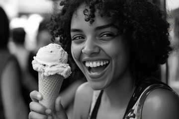 Woman laughing while holding melting ice cream cone on hot summer day, sticky hands, funny candid shot