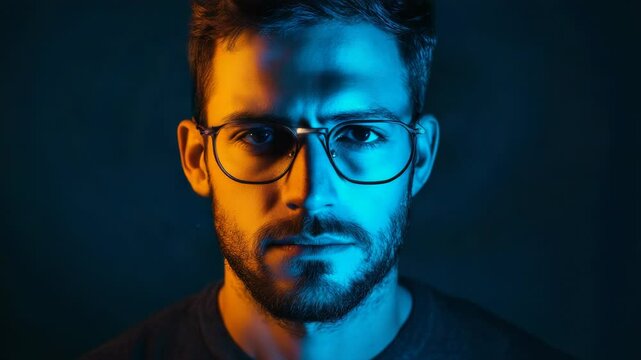 A creative portrait featuring a man wearing glasses, illuminated with colorful light trails, showcasing an artistic representation of personality and creativity.