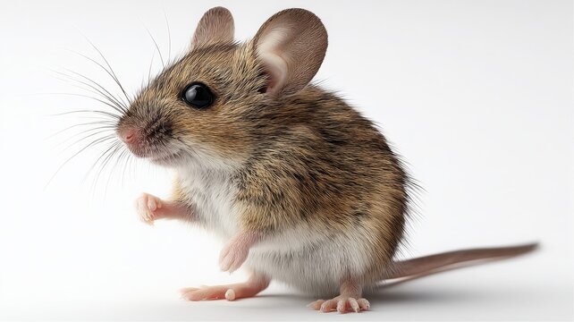Cute little brown mouse standing on hind legs on white background