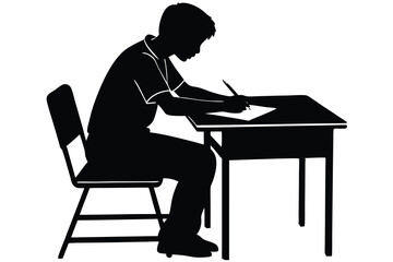 Silhouette of Student Writing at Desk Homework, Studying, Exam Preparation, Test Taking