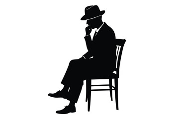Silhouette of Thoughtful Man with Hat Sitting on Chair in Black and White
