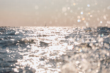 Sailing regatta in the Gulf of Finland at sunset, sailing yacht competing in a race, splashing...