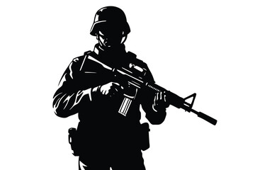 Silhouette Soldier with Assault Rifle, Military Gear on White Background, Full Body