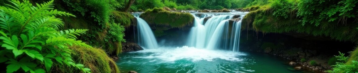 Fototapeta premium Emerald cascades tumble over mossy rocks, ferns unfurl , water, forest, stream