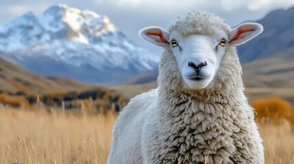 Fototapeta premium A lovely sheep with a woolly coat, set against a mountain backdrop.