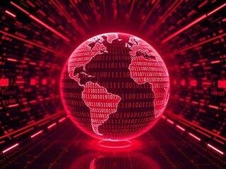 Glowing futuristic globe with binary code and digital data overlay, symbolizing technological interconnectedness and global communication in a digital networked world