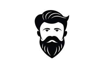 Stylized Black and White Bearded Man Illustration with Mustache and Slicked Back Hair on White Background