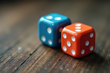 Two dice with a connecting stem, resting on wood , element, brown