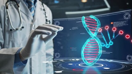 Hand of doctor touching and cut dna for checking with analysis chromosome DNA genetic of human on virtual interface - Powered by Adobe
