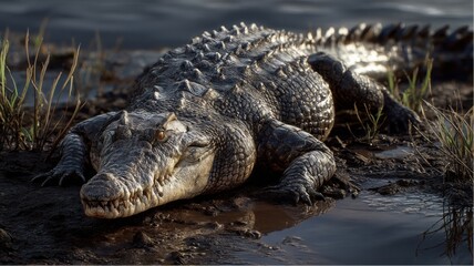 Obraz premium American crocodile basking in muddy shallows of a riverbank at dusk