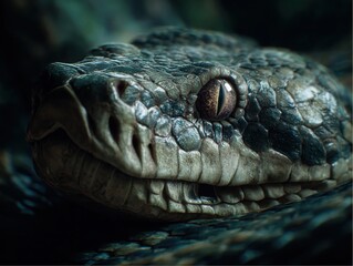 Obraz premium Close-up of reptile predator head showing detailed scales and amber eye