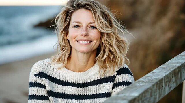 Woman smiling by beach fence with ocean waves in background on a breezy day