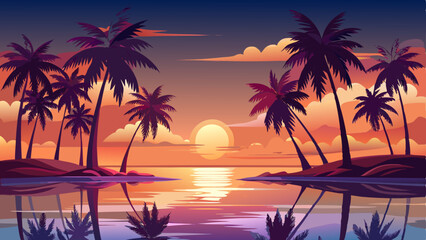 Serene Sunset Reflections of Palm Trees on Tranquil Water Surface