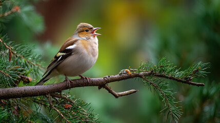 Common Chaffinch Singing , Bird Sounds and Calls Singing Bird Perched on a Branch Amid Greenery in a Natural Habitat