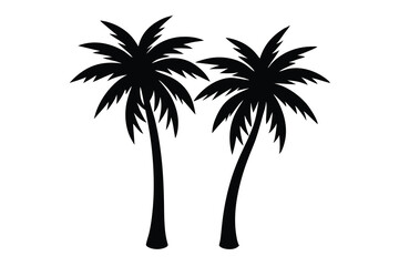 Two Tall Palm Trees Silhouetted on White Background, Exotic Tropical Flora Illustration