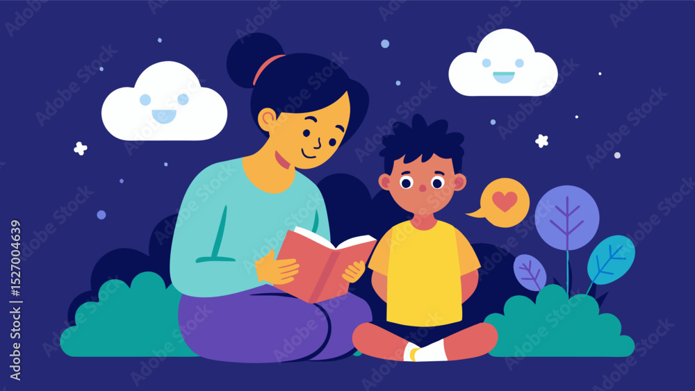Poster an illustration of a parent and child bonding over a story in an interactive storytelling app highli
