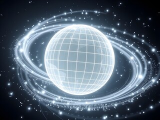Glowing futuristic globe with binary code and digital data overlay, symbolizing technological interconnectedness and global communication in a digital networked world