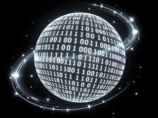 Glowing futuristic globe with binary code and digital data overlay, symbolizing technological interconnectedness and global communication in a digital networked world