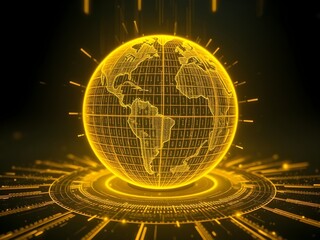 Glowing futuristic globe with binary code and digital data overlay, symbolizing technological interconnectedness and global communication in a digital networked world