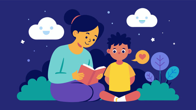 An illustration of a parent and child bonding over a story in an interactive storytelling app highlighting the positive impact of shared experiences on brain development and social. Vector