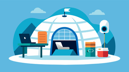The igloo is equipped with all the necessary technology and amenities for a modern remote work setup including highspeed internet and a comfortable chair.. Vector illustration