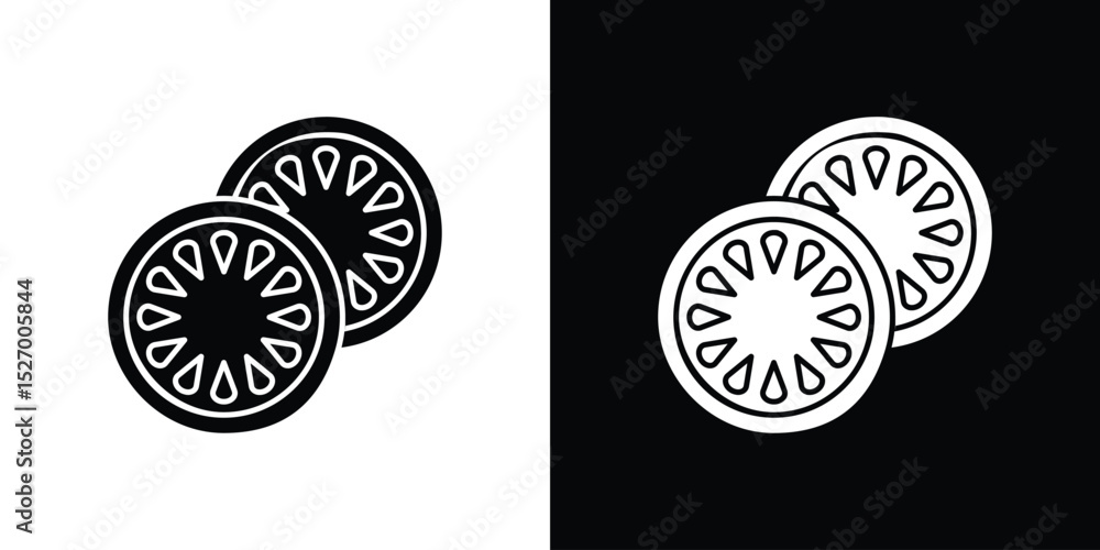 Poster cucumber slice icon in flat version on black and white background