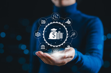 ROI, Return on Investment and Financial Growth Concept. Businesswoman presents interface with icons of money, charts, and currencies, return on investment, financial strategy, business profitability,