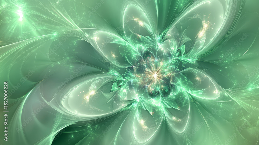 Poster an abstract green background showcasing a fractal explosion star design with glossy highlights and d