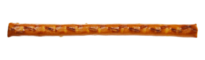 Close up salty cracker pretzel stick stuffed with peanuts flying, isolated on white background, clipping path