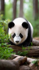 Obraz premium Adorable panda cub exploring its lush green habitat.