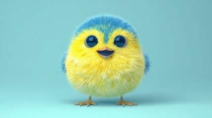 Fluffy yellow bird with blue head stands on a light blue background