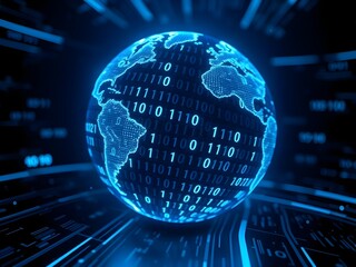Glowing futuristic globe with binary code and digital data overlay, symbolizing technological interconnectedness and global communication in a digital networked world
