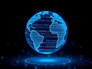 Glowing futuristic globe with binary code and digital data overlay, symbolizing technological interconnectedness and global communication in a digital networked world