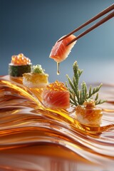 Elegant sushi presentation with a focus on vibrant colors and textures.