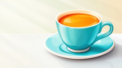 Obraz premium Vibrant orange beverage in turquoise cup on white surface, copy space
