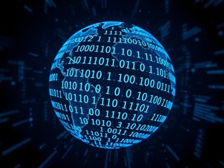 Glowing futuristic globe with binary code and digital data overlay, symbolizing technological interconnectedness and global communication in a digital networked world