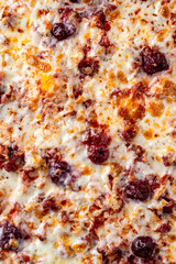 Warm, savory pizza fresh from the oven showcases melted cheese, crispy edges, and rich toppings. A perfect dish for sharing during a relaxing evening at home with friends