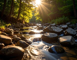 Sunlight streams through forest stream